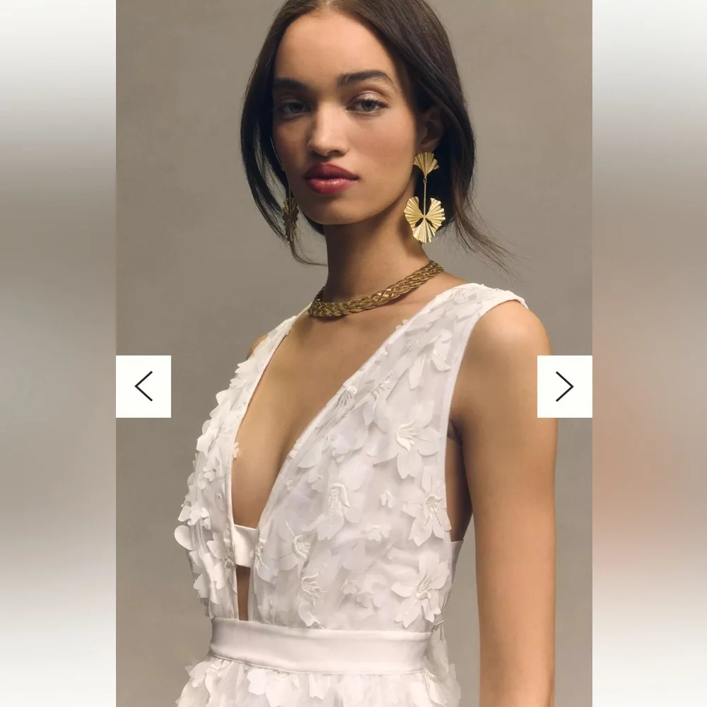 Anthropologie BHLDN Stevie V-Neck Floral Appliqué A-Line Midi Dress in Ivory - Picture 3 of 7